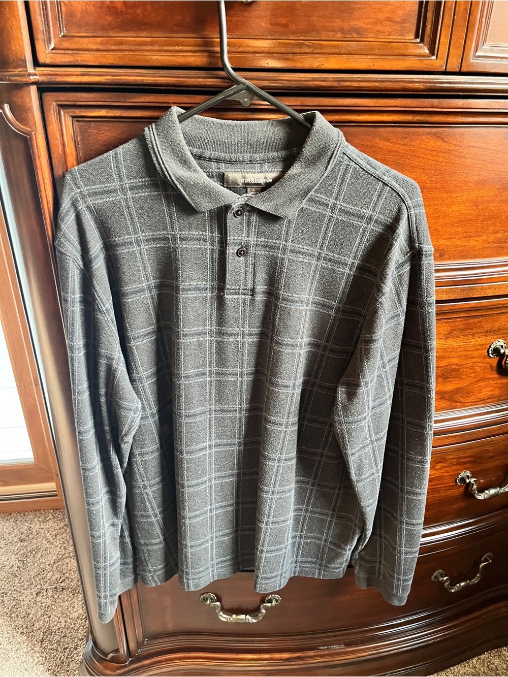 croft & barrow Charcoal Gray Plaid Long-Sleeve Polo